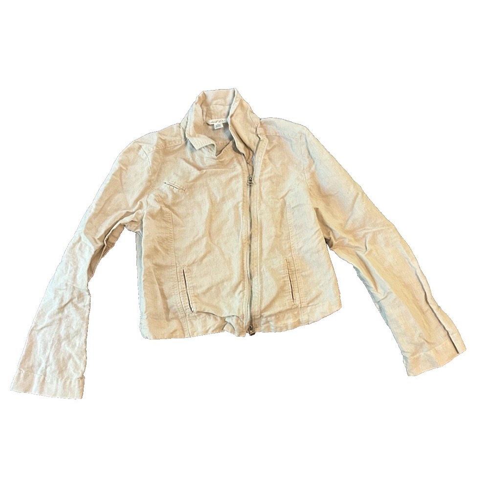 Linen Cotton Womens Blazer Jacket L Moto Cropped Beige Quiet Luxury Lagenlook